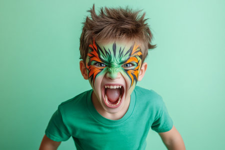 Child expressing fierce emotion, yelling with an intense facial expression and dramatic green and orange face paintの素材
