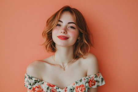 Cheerful young woman in a floral off shoulder dress smiling confidently against a soft coral backdrop, expressing natural beautyの素材