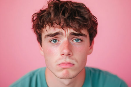 Young man experiencing sadness and emotional distress, tears forming in his eyes while biting his lipの素材
