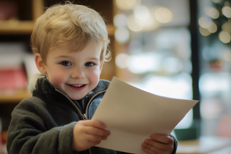 Young child feeling excited, holding a blank letter to Santa Claus, celebrating Christmas season with joy and anticipationの素材