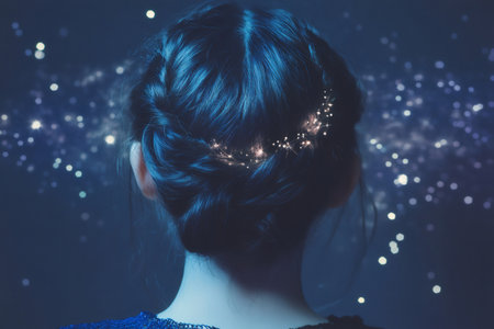 Womans braided updo with shimmering star shaped adornment. Capturing a dreamy celestial beauty and fantasy conceptの素材