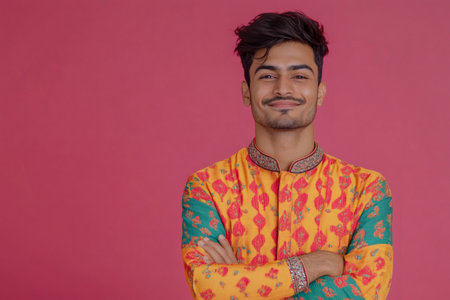 Young Indian man smiling with arms crossed, wearing a vibrant patterned kurti on a bold pink backgroundの素材