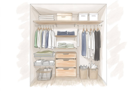 Closet design with clothes folded and hanging, using shelves, drawers, boxes, and baskets for efficient storage and organizationの素材