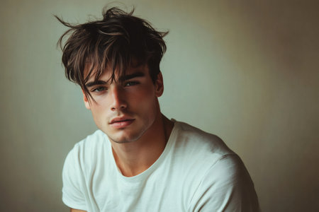 Young man with messy brown hair and intense green eyes looking forward. Natural light highlighting his features and expressionの素材