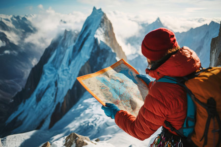 Climber wearing winter gear standing in snowy mountains, consulting a paper map for planning route and explorationの素材