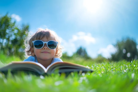 Young child wearing sunglasses relaxing on green grass, enjoying an outdoor reading activity on a sunny dayの素材