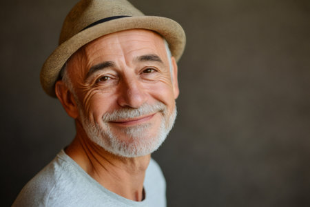 Senior man with a white beard and hat smiling, looking directly at camera, representing happiness and agingの素材