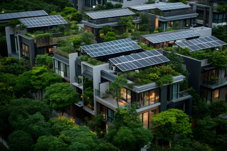 Modern homes featuring solar energy panels and lush rooftop gardens, embodying sustainable architecture and eco friendly urban designの素材
