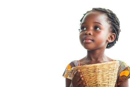 African girl child holding a wicker basket while looking up with hopeful expression on a white backgroundの素材