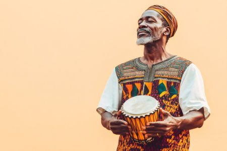 African man with traditional clothing and djembe drum, eyes closed, enjoying a moment of music and cultural expressionの素材