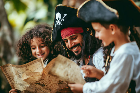 Pirate family with children looking at an old treasure map, enjoying a fun imaginative treasure hunt game togetherの素材
