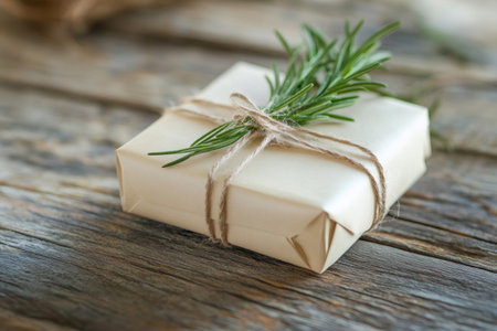 Eco friendly gift box wrapped in kraft paper, tied with twine, and decorated with a fresh sprig of rosemary on rustic woodの素材