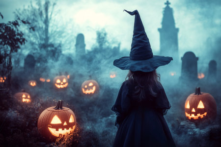 Child dressed as a witch standing in a misty cemetery, illuminated by glowing jack o' lanterns and eerie tombstonesの素材