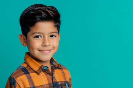 Young Hispanic boy smiling confidently at the camera. He is wearing a plaid shirt against a vibrant teal backgroundの素材