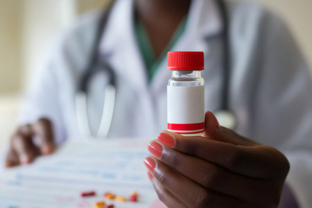 Person in white lab coat holding medicine bottle with red cap. Focus on healthcare, pharmacy, drug, and medical treatmentの素材