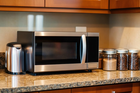 Modern kitchen counter showcasing a stainless steel microwave, hot water kettle, and glass jars with coffee beans and dry goodsの素材