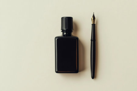 Black ink bottle standing next to a classic gold nib fountain pen. Ideal for education, creativity, and calligraphy themesの素材