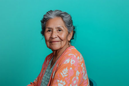 Portrait of a senior Hispanic woman looking directly at the camera while smiling, featuring gray hair and wrinklesの素材