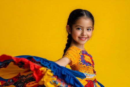 Smiling little girl posing while dancing. Child wearing colorful traditional dress with yellow backgroundの素材