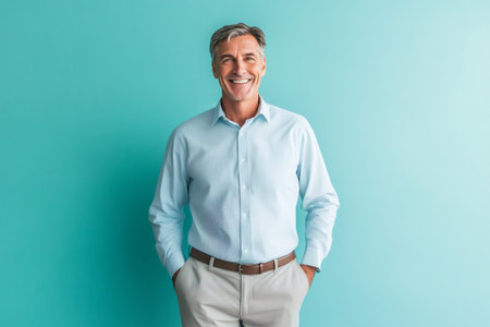 Middle aged professional man smiling confidently with hands in pockets, conveying happiness, success and contentment in studioの素材