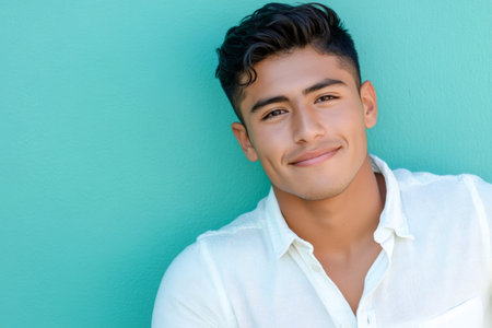Confident young Hispanic man stands against a turquoise background, looking at the camera with a friendly smileの素材