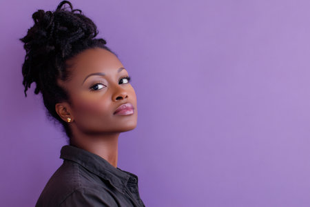 African American woman looking up, confident and serious, against a solid lavender background with copy spaceの素材