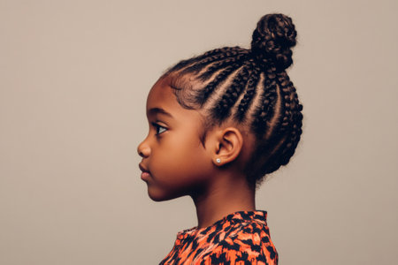 African American child looking forward, showing cornrow braids styled in a high bun. Youthful beauty and natural hairstyleの素材