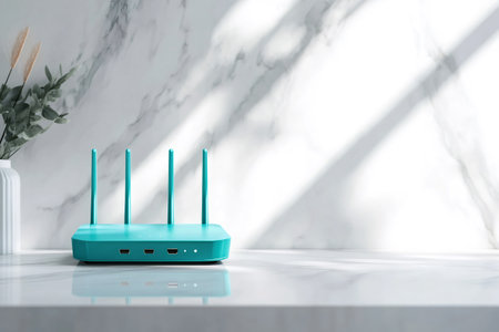 Compact dual band wireless router on a modern marble countertop, offering home or office network connectivityの素材