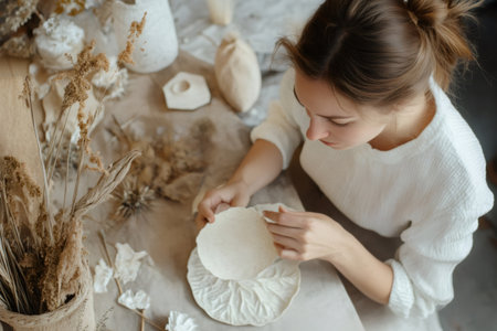 Artisan making a sustainable biodegradable fashion accessory in a workshop, working with natural, organic materialsの素材
