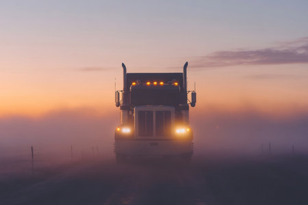 Semi truck with headlights on, driving through a misty landscape during a colorful sunrise, signifying long haul transportの素材