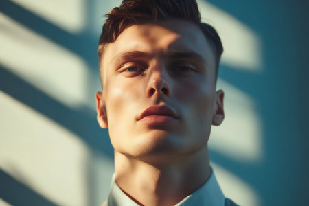 Young man with strong features and sleek hairstyle looking directly at camera, sharp shadows creating a dramatic moodの素材