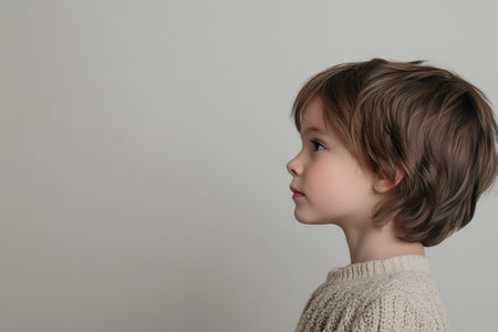 Young child facing right, observing with a calm and curious expression against a clean background, symbolizing future and growthの素材