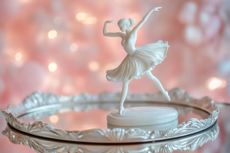 Delicate porcelain ballerina statuette reflecting on an ornate mirrored tray, with soft pink bokeh lights in the backgroundの素材
