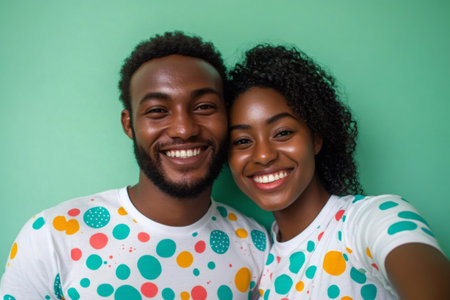 Happy young Black couple smiling brightly, wearing coordinating colorful polka dot t shirts against a mint green background, showing joyの素材