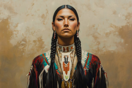 Native American woman with braided hair wearing traditional attire, representing indigenous culture, heritage, and prideの素材