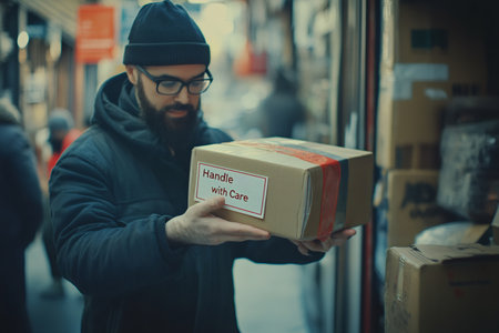 Male courier carefully holding a fragile cardboard package ready for delivery. Fast and safe shipping conceptの素材