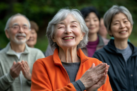 Group of happy senior Asian adults enjoying an outdoor fitness class, celebrating health and active lifestyleの素材