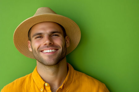 Joyful young adult man wearing casual yellow shirt and straw hat, looking at camera with a confident smileの素材