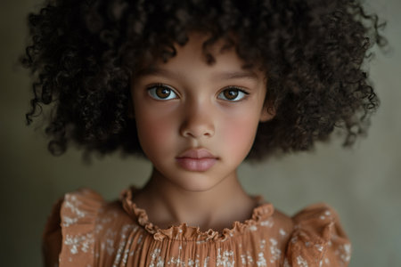 Young child with natural curly hair and expressive brown eyes. Innocent gaze of a curious diverse childの素材