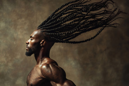 Black man's side profile with long dreadlocks flowing upwards, showing strength, motion, and determination on textured backgroundの素材