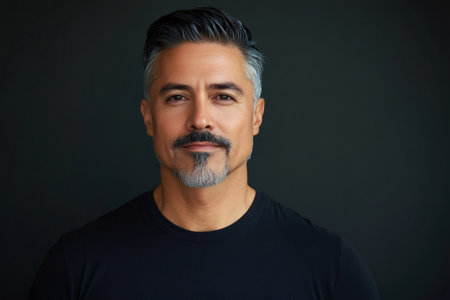 Confident man with a mixed gray and black haircut and a stylish goatee beard looking directly at the cameraの素材