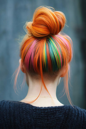 Woman showing a high hairstyle with bright orange hair and multiple colorful streaks underneath, expressing individuality and modern fashionの素材