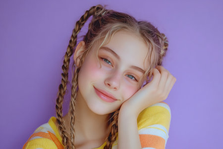 Cheerful young girl with braided hair in colorful striped sweater resting her cheek on her hand against a purple backdropの素材
