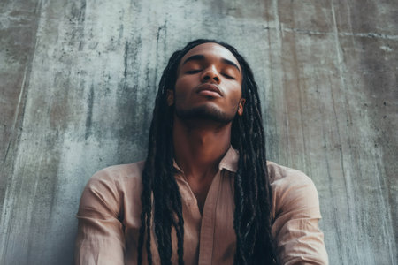 Young man standing against a concrete wall, eyes closed, displaying a serene expression and embracing calmの素材