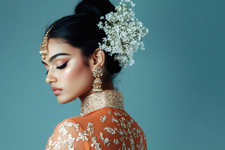 Young Indian woman in profile admiring her ornate traditional attire, wearing a maang tikka, jhumka earrings, and a floral hairstyleの素材