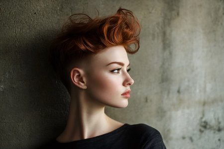 Young woman posing in profile, showing her unique red hair with a shaved side and expressive makeup against a concrete wallの素材
