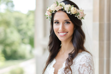 Young woman smiling, wearing a beautiful floral crown and a white lace wedding dress, looking at the cameraの素材