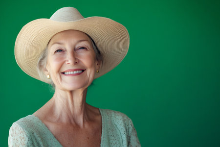 Happy senior woman wearing a straw hat, smiling confidently. Posing against a vibrant green studio backgroundの素材