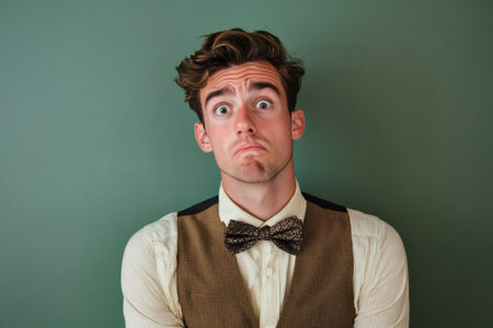 Young man wearing a patterned bow tie and vest, looking directly at camera with wide eyes and a puzzled expressionの素材