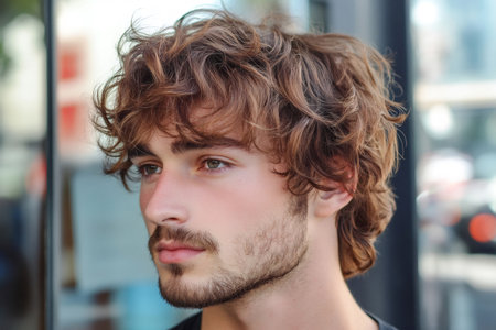Young man with natural wavy brown hair and beard, shaggy stylish profile, looking away thoughtfully in casual outdoor portraitの素材